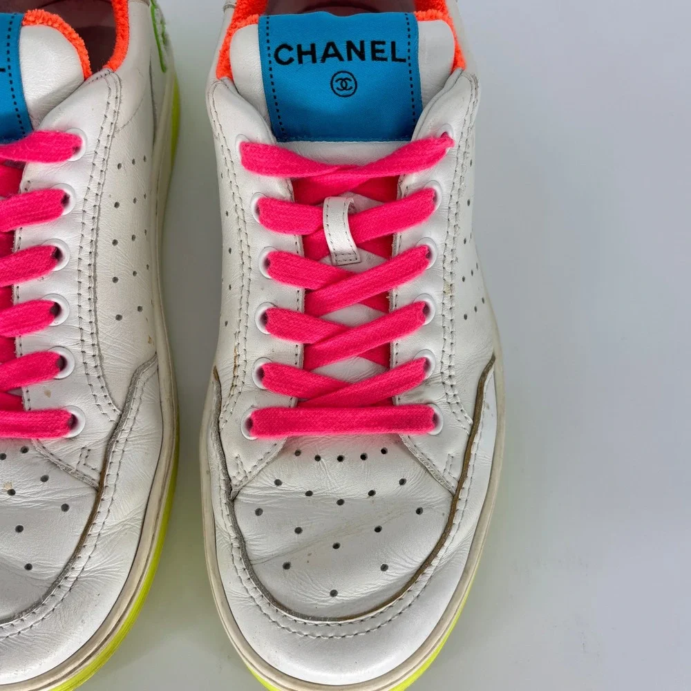Chanel Calfskin Logo Low Top Sneakers White Neon Women Size 39 Leather Colorful